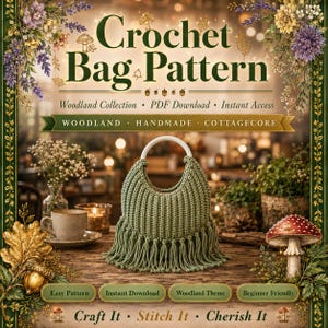 May include: A digital crochet bag pattern featuring the text Crochet Bag Pattern, Woodland Collection, PDF Download, Instant Access, Woodland, Handmade, Cottagecore, Easy Pattern, Instant Download, Woodland Theme, Beginner Friendly, Craft It, Stitch It, Cherish It. The image displays a sage green crocheted bag with a white circular handle and fringe trim.