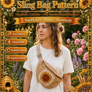 Crochet Ita Bag PDF Pattern Sunflower Granny Square Crossbody Sling Fanny Pack Belt Bag Boho Hobo Messenger