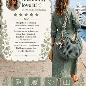Patrón de bolso Ita de ganchillo en PDF, punto gofre, bolso hobo holgado, tutorial, correa de cuerda verde salvia, apto para principiantes, bolso de mercado boho, joyero