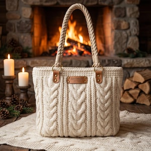 May include: A cream-coloured cable knit tote bag featuring two thick rope handles attached with gold-toned rings and brown leather tabs. A rectangular brown leather label is centred on the front with the text HANDMADE EST.2022.