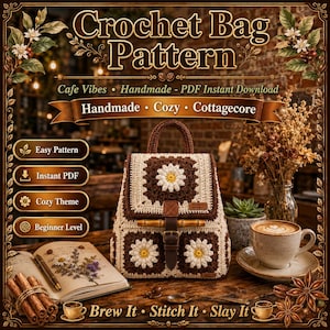 Può includere: Uno zaino all'uncinetto con un motivo a piastrelle granny marroni e crema con disegni di margherite bianche. La borsa ha una cinghia in similpelle marrone con chiusura a fibbia. Il testo sull'immagine include Crochet Bag Pattern, Cafe Vibes e Brew It Stitch It Slay It.