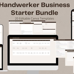 Pode incluir: Um pacote de produtos digitais intitulado Handwerker Business Starter Bundle com 20 modelos Canva editáveis exibidos em várias telas, incluindo um monitor de desktop, tablets e smartphones, com texto marrom escuro em um fundo bege.