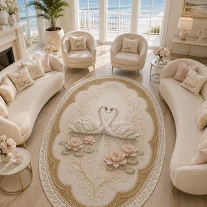 May include: An oval area rug featuring a central design of two white swans facing each other with their necks forming a heart shape, surrounded by light pink lotus flowers and green lily pads, all enclosed within an ornate gold-toned border.