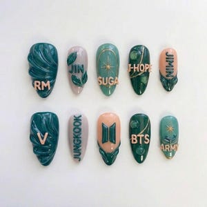 Handcrafted BTS Members Name Press On Nails | 3D Luxury Green Fake Nails | Custom K-pop Fandom Gift | Reusable Gel Manicure