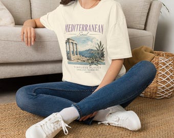 Mediterranean Soul T-Shirt, Ancient Ruins Watercolor Graphic Tee, Coastal Travel Shirt