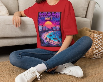 Miami 1987 Retro Shirt, Synthwave Miami Beach T-Shirt, Vaporwave Art Deco Graphic Tee, Vintage 80s Sunset Palm Tree Aesthetic Wear