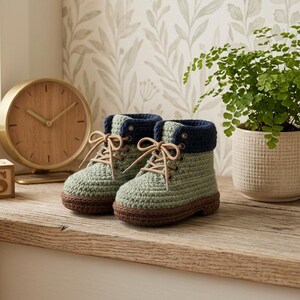 May include: A pair of green and brown crochet baby boots with navy blue cuffs and tan laces. The boots are displayed on a wooden shelf next to a gold clock, a wooden block with the letter "S", and a potted fern.