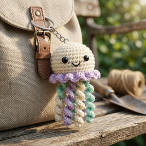 May include: A crochet jellyfish keychain featuring a cream-colored head with black bead eyes and a stitched smile. The jellyfish has a ruffled lavender collar and dangling spiral tentacles in alternating shades of cream, lavender, and mint green.