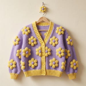 Peut inclure: Un cardigan en tricot lavande avec un col en V, des poignets et un ourlet côtelés jaunes. Le vêtement est orné de fleurs jaunes en relief avec des centres violets réparties sur le devant et les manches. Un accessoire fleur assorti est suspendu au-dessus.