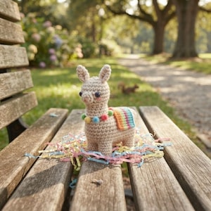 May include: A beige crocheted llama figurine featuring a colorful pom-pom collar and a striped saddle blanket. The small stuffed animal is positioned on a bed of shredded pastel paper strips, showcasing detailed yarn stitching and dark button eyes.
