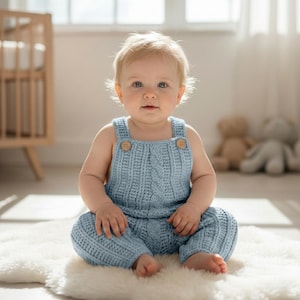 Può includere: Una tutina in maglia per neonati color azzurro con una trama a coste verticali, un motivo a treccia centrale e due piccoli bottoni in legno sulle spalline. Il capo è senza maniche con scollo quadrato e gambe lunghe.