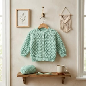 May include: A light mint green knit cardigan featuring a textured bobble stitch pattern, long sleeves, and a front button closure. The garment is displayed on a wooden hanger, with a matching ball of yarn and knitting needles on a shelf below.