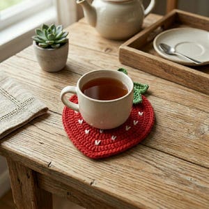 May include: A red crocheted strawberry-shaped coaster with white stitched details and a green leaf top. A beige ceramic mug filled with brown tea sits centered on the coaster, which is placed on a rustic wooden table surface.