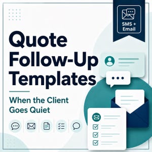 Puede incluir: Gráfico turquesa y blanco con el texto "Quote Follow-Up Templates" y "When the Client Goes Quiet". La imagen incluye iconos de burbuja de chat, sobre, documento, lista de verificación y bocadillo, junto con iconos de SMS y correo electrónico.