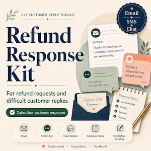 Puede incluir: Gráfico para un kit de herramientas de servicio al cliente, con el texto "Refund Response Kit" y "For refund requests and difficult customer replies". La imagen incluye iconos de correo electrónico y chat, ejemplos de respuestas de clientes y un bloc de notas con notas de respuesta. La paleta de colores es suave y profesional.