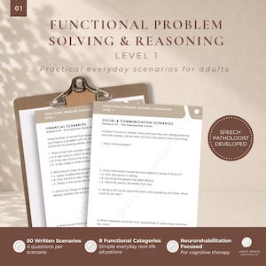 Fichas de trabajo para la resolución funcional de problemas y el razonamiento para adultos / Actividades de comunicación cognitiva / Terapia del habla y ocupacional