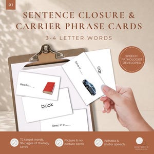 May include: Sentence closure and carrier phrase cards for speech therapy. The set includes white cards with text and images, such as a red book and a car, clipped to a brown clipboard. Text includes 'Read a', 'Drive a', and 'Sleep in a'.