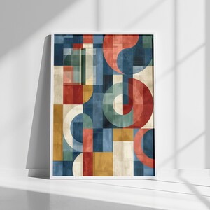 May include: A rectangular wall art print featuring a geometric composition of overlapping circles and rectangles in shades of deep blue, terracotta red, mustard yellow, and cream. The design uses layered transparent shapes to create depth.