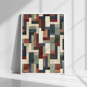 May include: A framed rectangular wall art print featuring a geometric pattern of vertical and horizontal rectangles in shades of deep red, navy blue, sage green, and cream. The design incorporates various textures including fine grids and stripes.