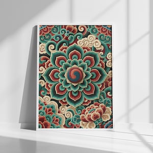 May include: A rectangular wall art print featuring a central lotus-like flower motif with layered petals in teal, red, and cream. The design includes swirling cloud patterns and a circular yin-yang symbol at the center, all set against a dark background.