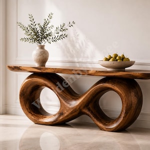 Puede incluir: Una consola de madera maciza con un diseño único en forma de símbolo de infinito. La mesa presenta un acabado de madera natural, una superficie lisa y dos grandes bucles abiertos para la base. Un jarrón con vegetación y un cuenco de peras están sobre la mesa.