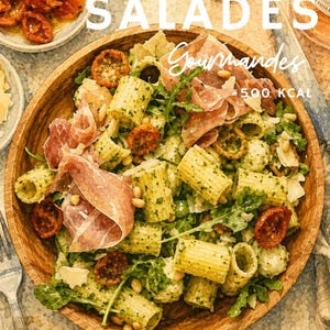 Könnte beinhalten: Ein Aquarellbild einer Holzschüssel mit Nudelsalat, Prosciutto und sonnengetrockneten Tomaten. Der Text "20 Recettes De SALADES Gourmandes" steht oben. Das Bild enthält auch den Text "Moins De 500 Kcal".