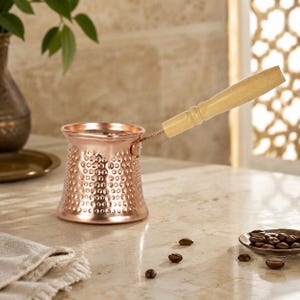 Handmade Hammered Copper Turkish Coffee Pot, Ayurvedic Copper Cezve with Wooden Handle, Rustic Tea Milk Warmer
