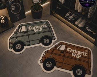 Alfombra Van inspirada en Carhartt, alfombra vintage Work Van Tufted, alfombra streetwear, alfombra de piso de furgoneta utilitaria, decoración de habitación Hypebeast, alfombra automotriz