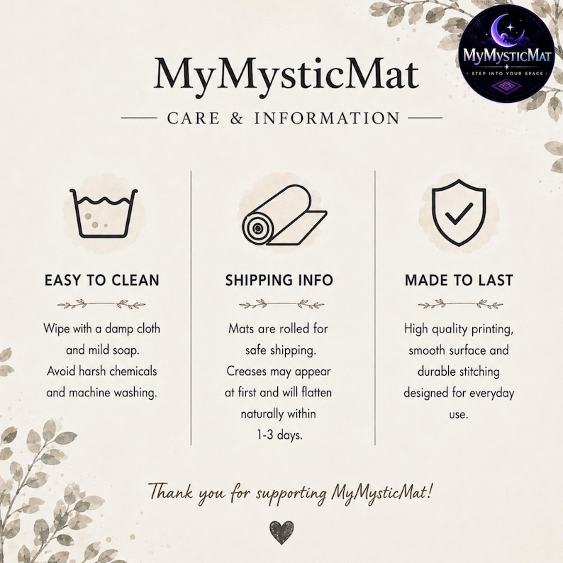 May include: An informational graphic for MyMysticMat featuring care instructions. It includes icons for cleaning, rolling, and durability. Text details include cleaning with a damp cloth, shipping methods, and product quality notes on a light background.