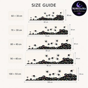 May include: A size guide for rectangular mats featuring a cream background and a pattern of small black soot sprites. The chart lists five sizes: 60x30 cm, 70x30 cm, 80x40 cm, 90x40 cm, and 100x50 cm. The MyMysticMat logo is in the top right corner.