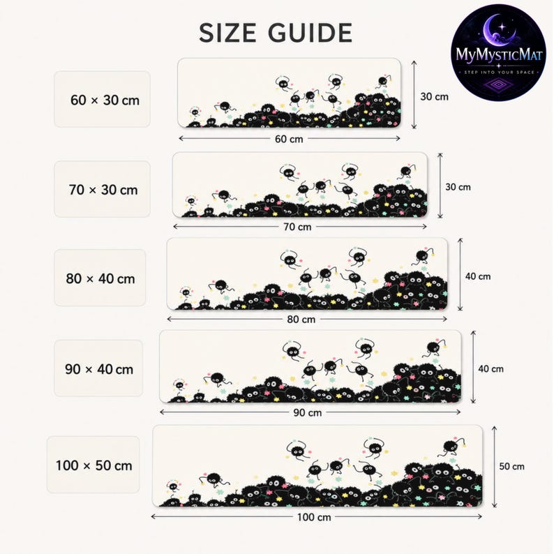 May include: A size guide for rectangular mats featuring a cream background and a pattern of small black soot sprites. The chart lists five sizes: 60x30 cm, 70x30 cm, 80x40 cm, 90x40 cm, and 100x50 cm. The MyMysticMat logo is in the top right corner.