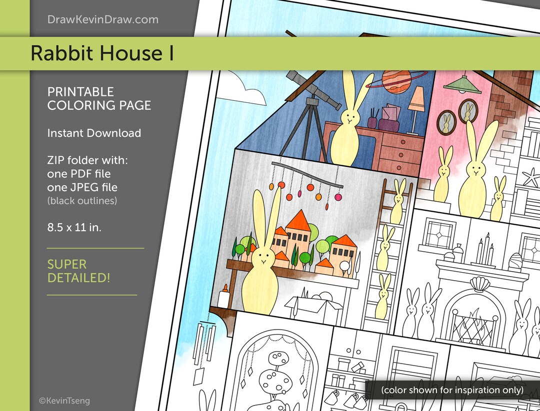 Colouring Pages Rabbit House Rabbit House I / Coloring Page / Digital, Printable, PDF, JPEG ...