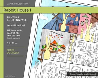 Casa del Conejo I / Página para colorear / Digital, Imprimible, PDF, JPEG / Arquitectura Decoración Diseño de Interiores Muebles Conejos Conejitos Lindo Diversión
