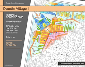 Doodle Village I / Página para colorear / Digital, Imprimible, PDF, JPEG / Paisaje urbano Arquitectura Patrón Casa Torre Ciudad Arco Árboles Parque Detallado