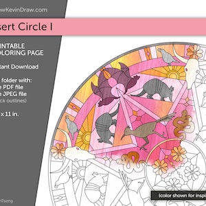 Desert Circle I / Coloring Page / Digital, Printable, PDF, JPEG / Nature Mandala w/ Armadillo, Rattlesnake, Roadrunner, Skull, Flower, Quail