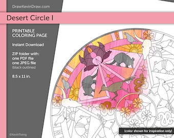 Desert Circle I / Dibujo para colorear / Digital, Imprimible, PDF, JPEG / Nature Mandala w / Armadillo, Serpiente de cascabel, Correcaminos, Calavera, Flor, Codorniz