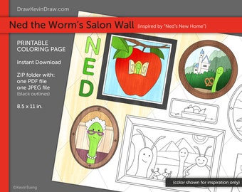 Ned the Worm's Salon Wall / Página para colorear / Digital, Imprimible, PDF, JPEG / Galería de imágenes Apple Snail Ladybird Travel Giza Neuschwanstein