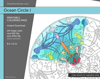Ocean Circle I / Dibujo para colorear / Digital, Imprimible, PDF, JPEG / Nature Mandala w / Octopus, Seahorse, Fish, Shell, Horseshoe Crab, Starfish