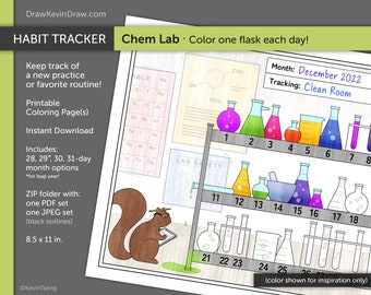 Squirrel Chemisty Lab / Página para colorear de Habit Tracker / Digital, Imprimible, PDF, JPEG / Squirrels Routine Tracking Daily Monthly Goal Calendar