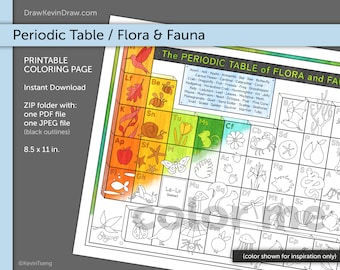 Tabla Periódica de Flora y Fauna / Dibujo para colorear / Digital, Imprimible, PDF, JPEG / Ciencia Plantas Animales Botánica Zoología Menagerie