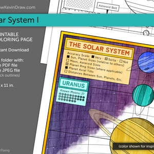 Puede incluir: Una página para colorear imprimible del sistema solar con planetas, lunas y el sol. La página incluye una escala para la precisión de los tamaños de los planetas y una clave para el número de lunas para cada planeta. La página mide 8,5 pulgadas por 11 pulgadas.