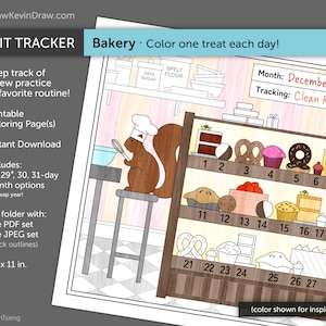 May include: A printable coloring page featuring a bakery with a squirrel baker and a shelf of treats. The page is designed to be used as a habit tracker, with each treat representing a day of the month. The month is December 2022 and the tracking theme is "Clean Room".
