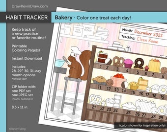 Squirrel Bakery / Página para colorear de Habit Tracker / Digital, Imprimible, PDF, JPEG / Squirrels Routine Tracking Daily Monthly Goal Calendar Cake