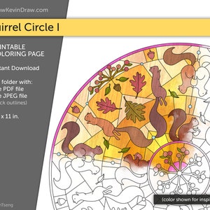 Squirrels Circle I / Coloring Page / Digital, Printable, PDF, JPEG / Nature Mandala w/ Squirrel, Forest, Woodland, Autumn, Fall, Leaves