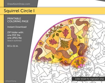 Squirrels Circle I / Dibujo para colorear / Digital, Imprimible, PDF, JPEG / Nature Mandala w / Ardilla, Bosque, Bosque, Otoño, Otoño, Hojas
