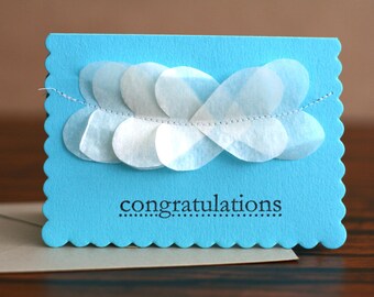 Handmade Congratulations Card (Blank Card) Wispy Hearts Flutter Design on Blue