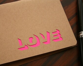 Modern Holiday Greeting Card Love (Blank Inside) Neon Pink Cut Design