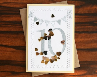 Personalized Custom Handmade Happy Anniversary Card - Hand Stamped Year(s) Gold & Silver Hearts Confetti Design