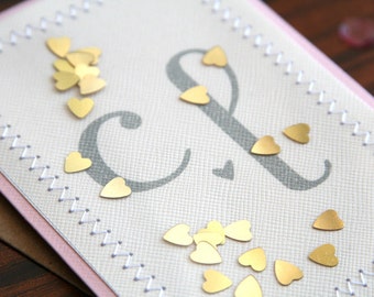 Personalized Custom Handmade Wedding Congratulations Card - Hand Stamped Initials Gold Hearts Confetti Design