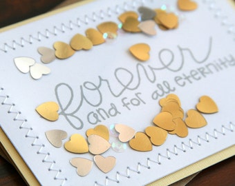 Handmade Wedding Congratulations Card - Hand Stamped "Forever" Gold & Silver Hearts Confetti Design